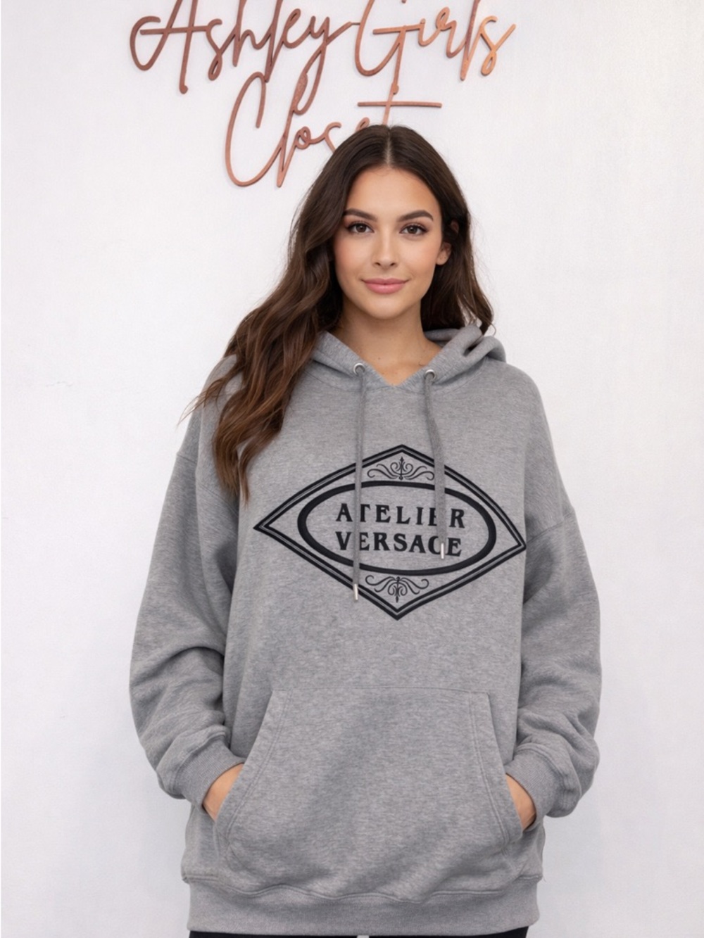 Versace Atelier Grey Logo Hoodie Size 2XL Made in Italy Authentic